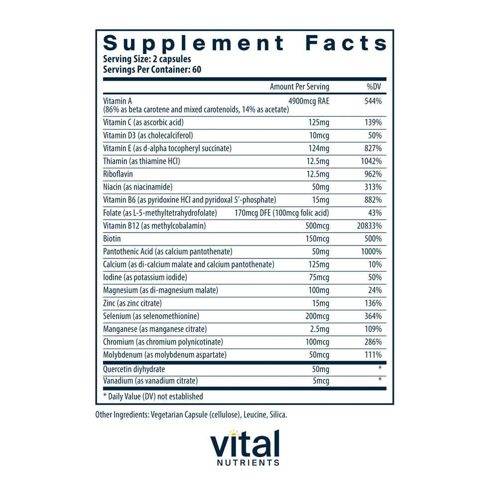 Multi-Nutrients supplement facts panel, 2 capsule serving