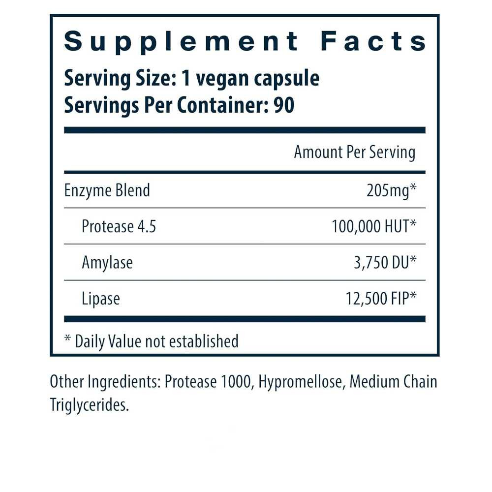 Vegan Pancreatic Enzymes supplement facts with protease, amylase and lipase