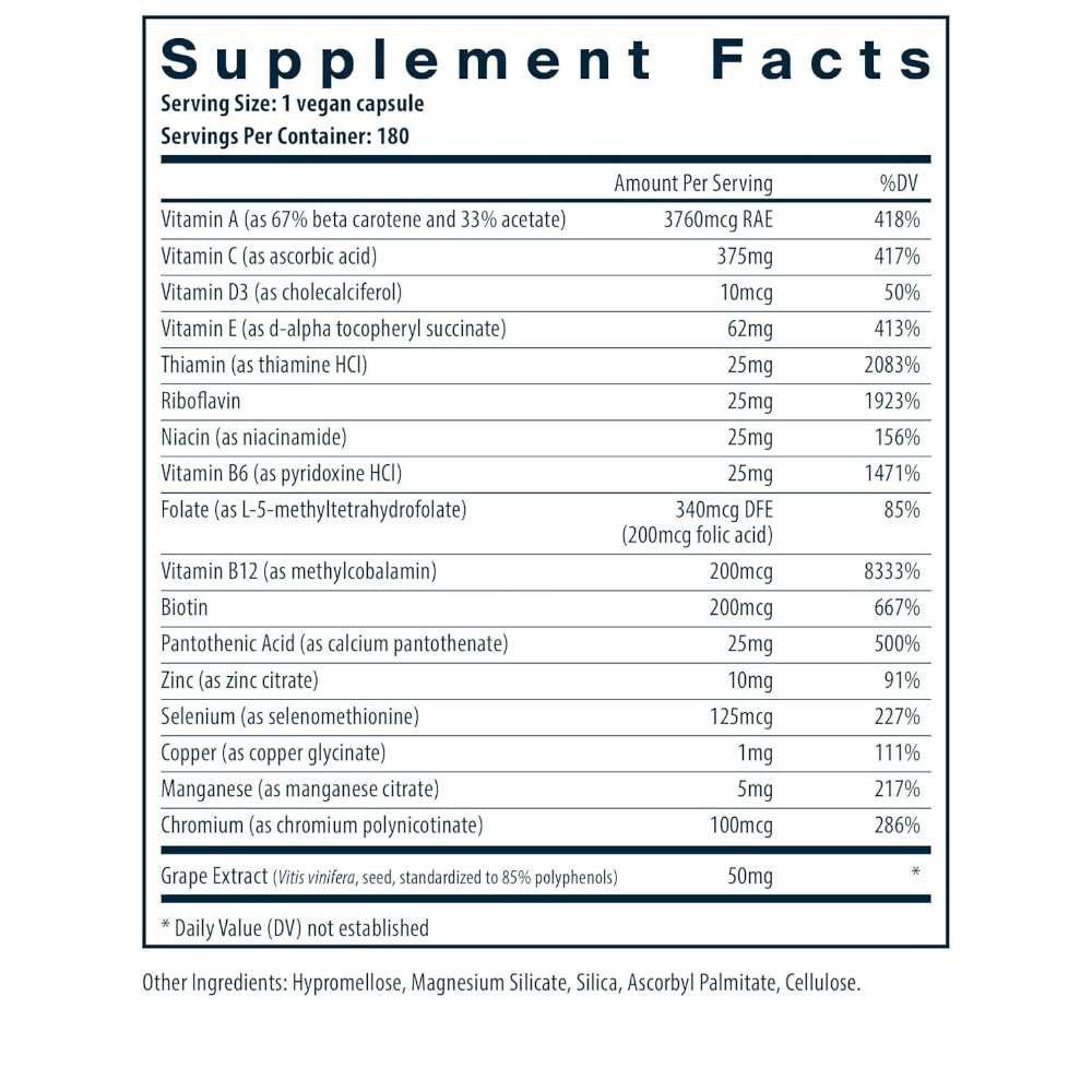 Minimal and Essential supplement facts with vitamins, minerals and grape extract, 180 servings