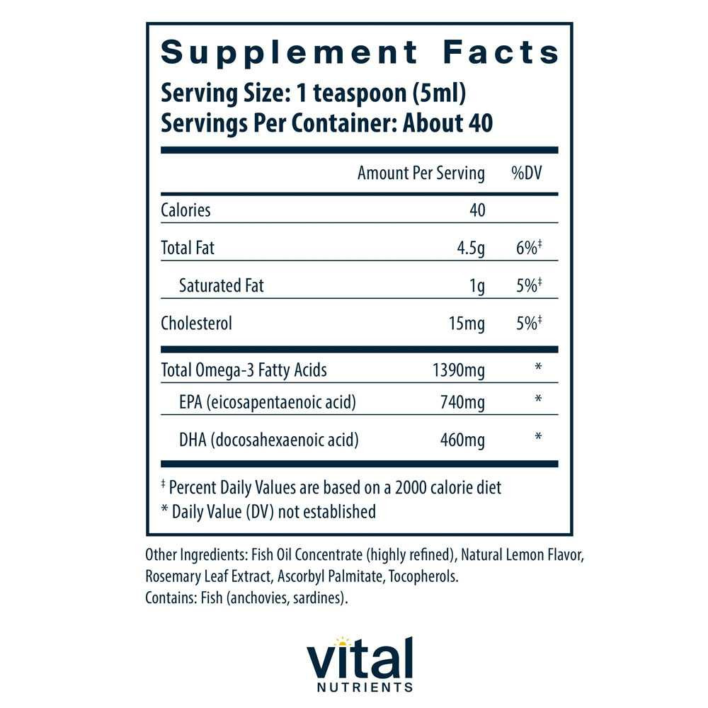 Fish Oil 1400 supplement facts, 1 teaspoon serving with 740 mg EPA and 460 mg DHA