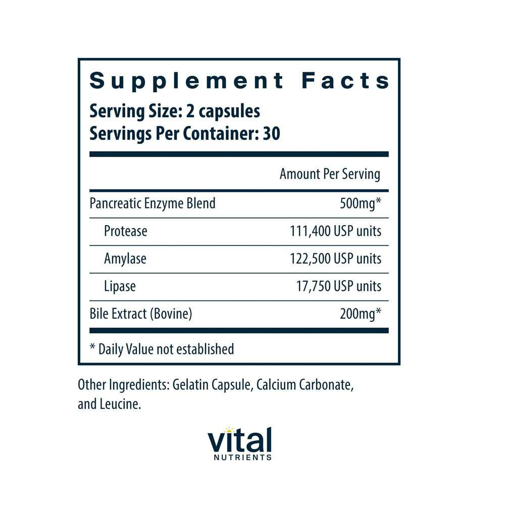 Pancreatin & Ox Bile Extract supplement facts with enzyme blend