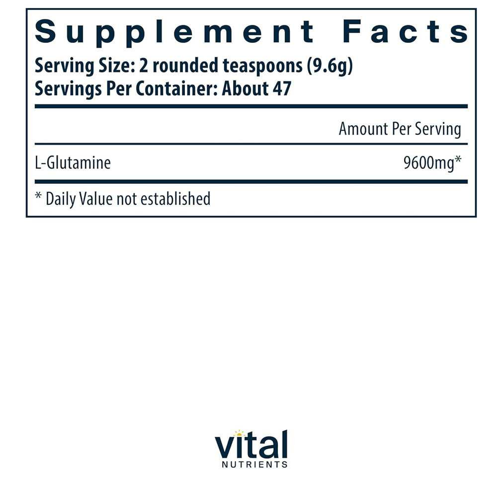 Glutamine Powder 450 g supplement facts, 9,600 mg L-glutamine per 2 rounded teaspoons, about 47 servings