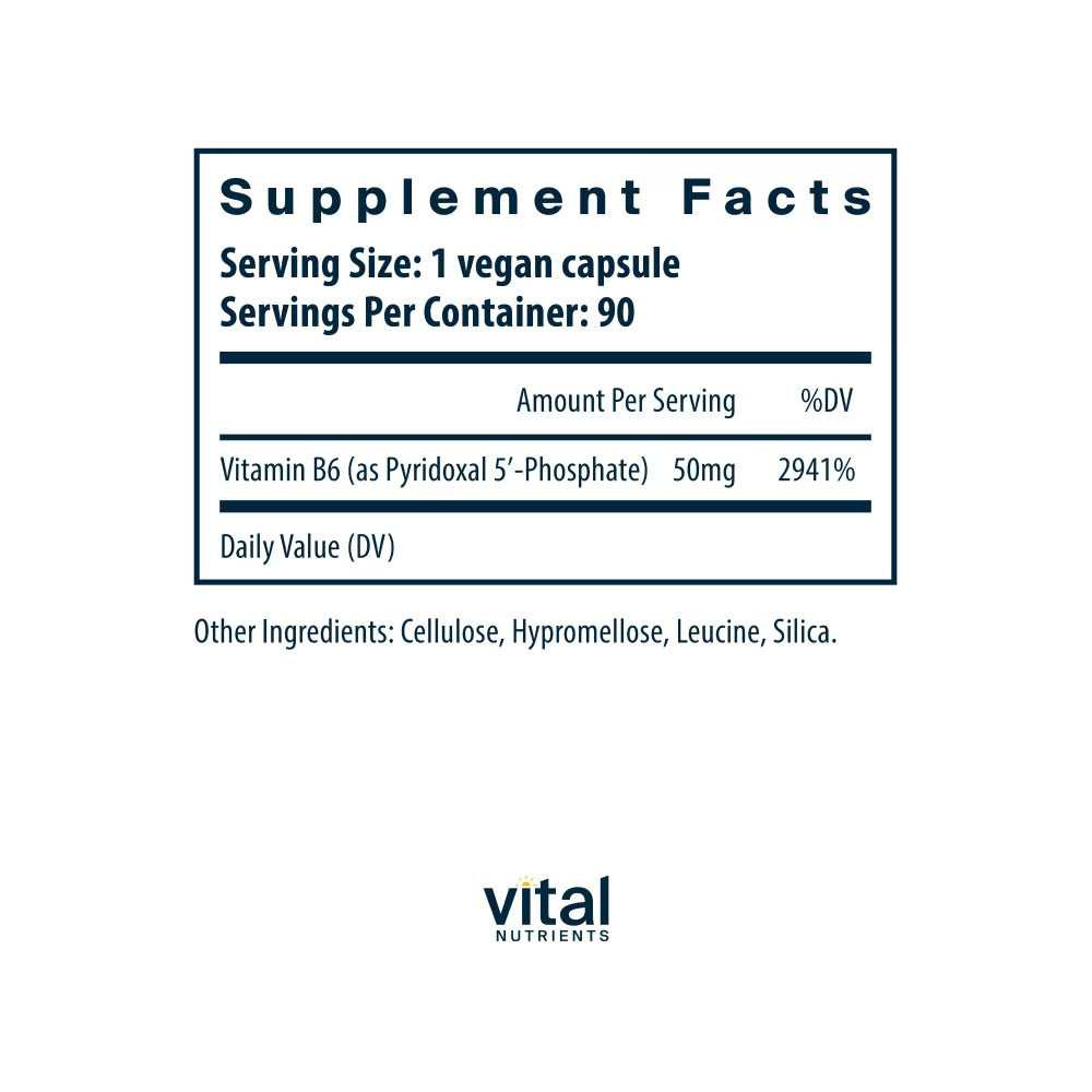 Pyridoxal 5'-Phosphate supplement facts, 50 mg vitamin B6 per vegan capsule