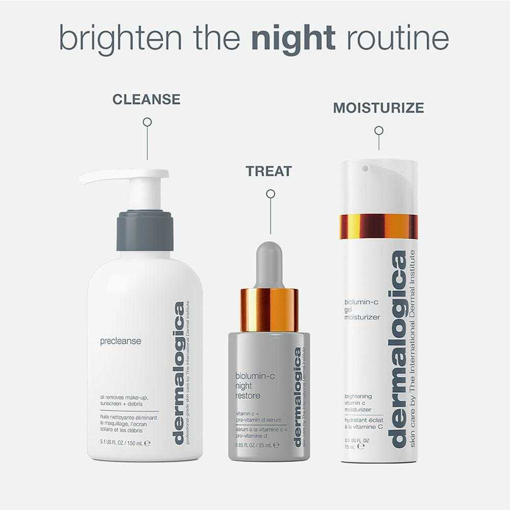 Brighten the night routine: cleanse, treat with Night Restore, moisturize