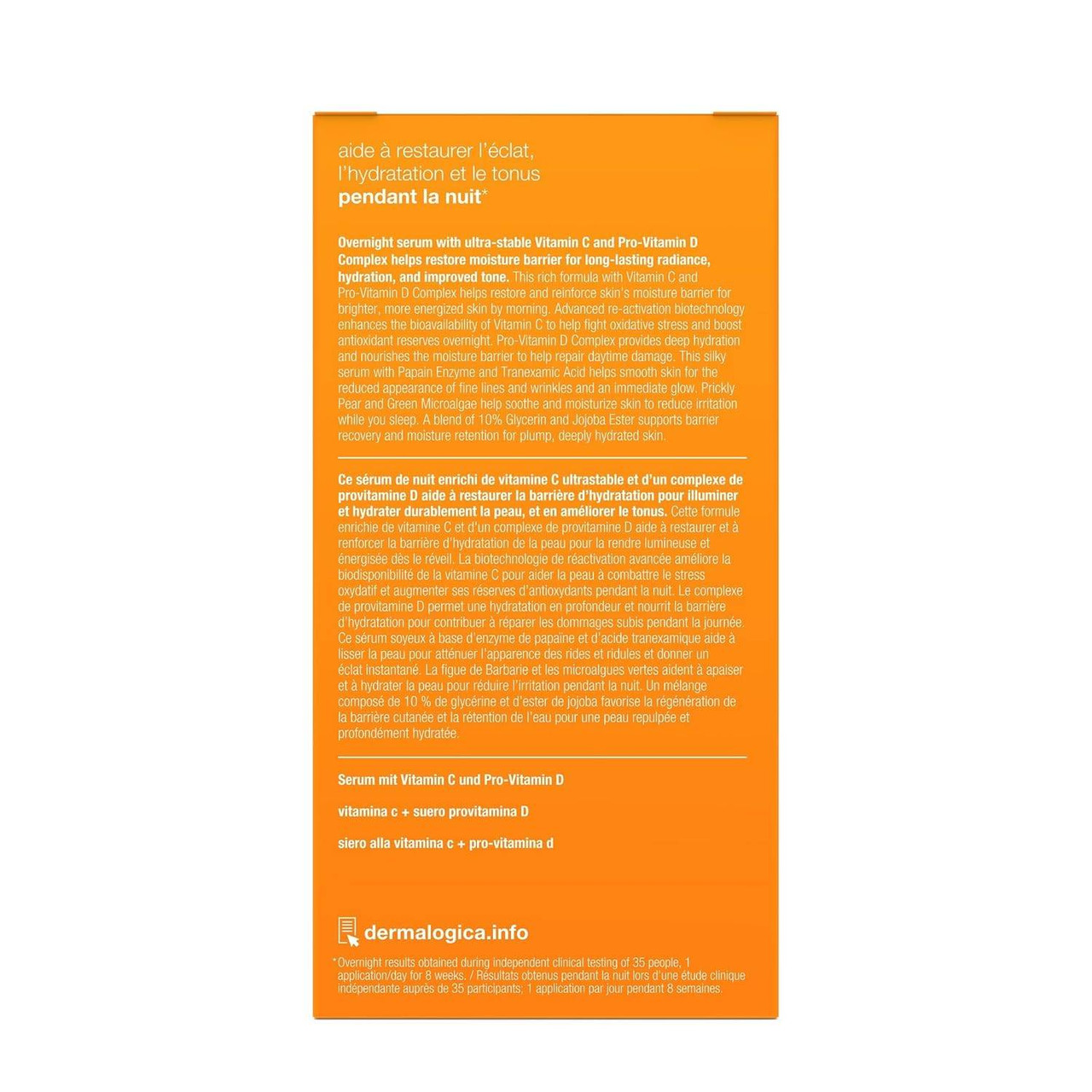 Orange back panel of the BioLumin-C Night Restore box with product details