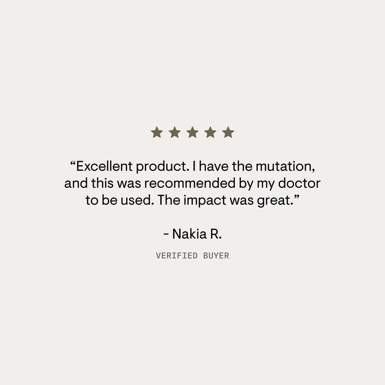 Five-star customer review quote on a beige background