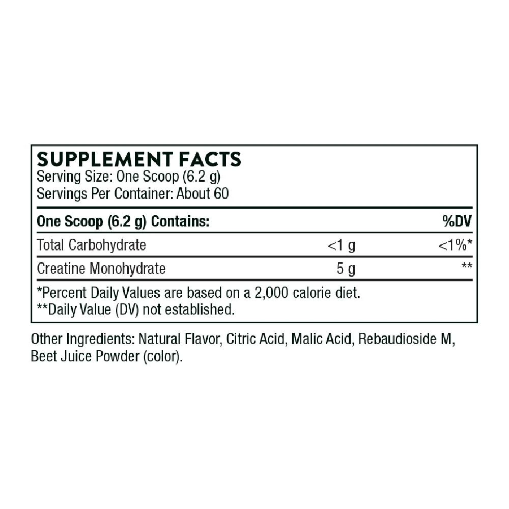 Thorne Creatine Strawberry supplement facts panel close-up