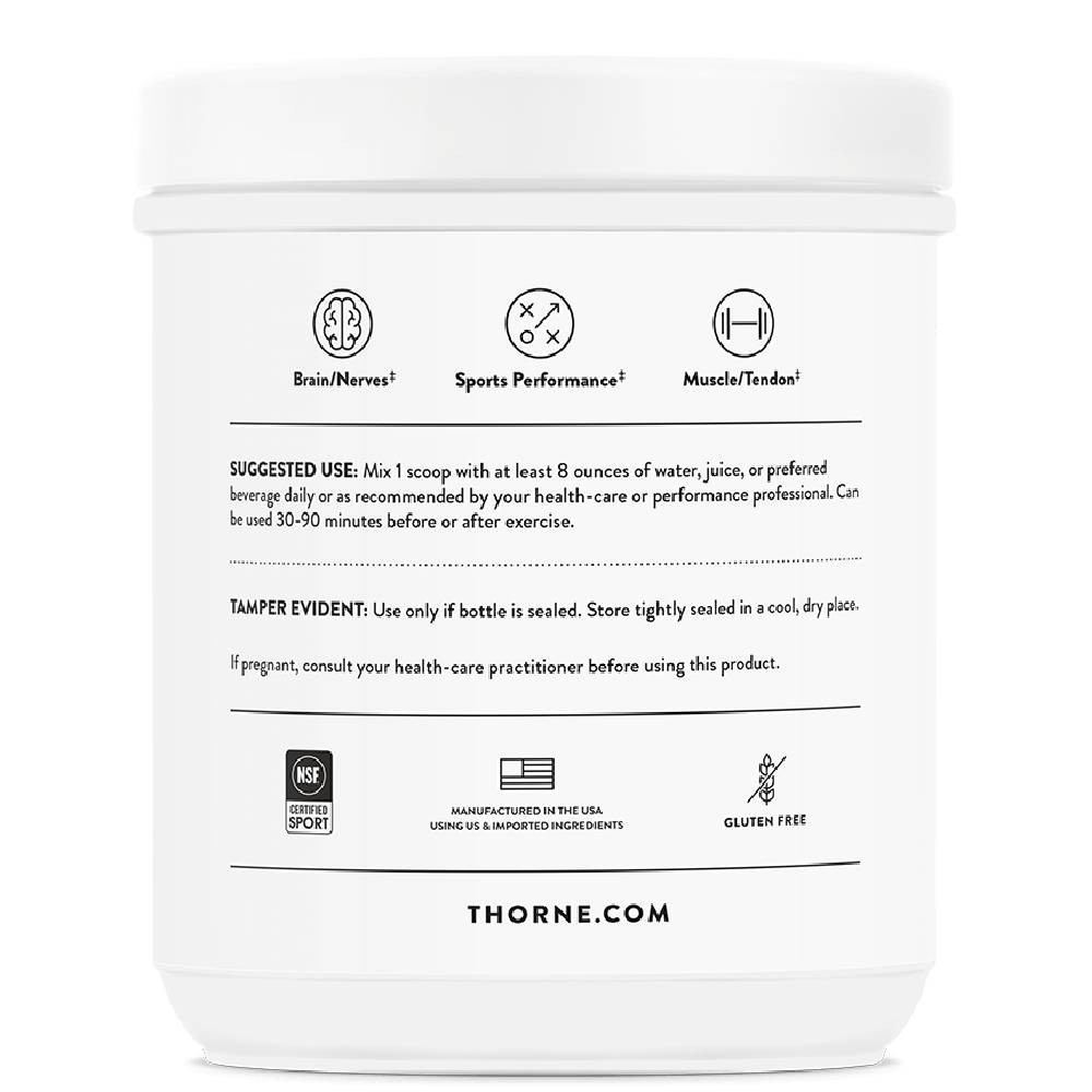 Thorne Creatine Strawberry tub side with suggested use and icons