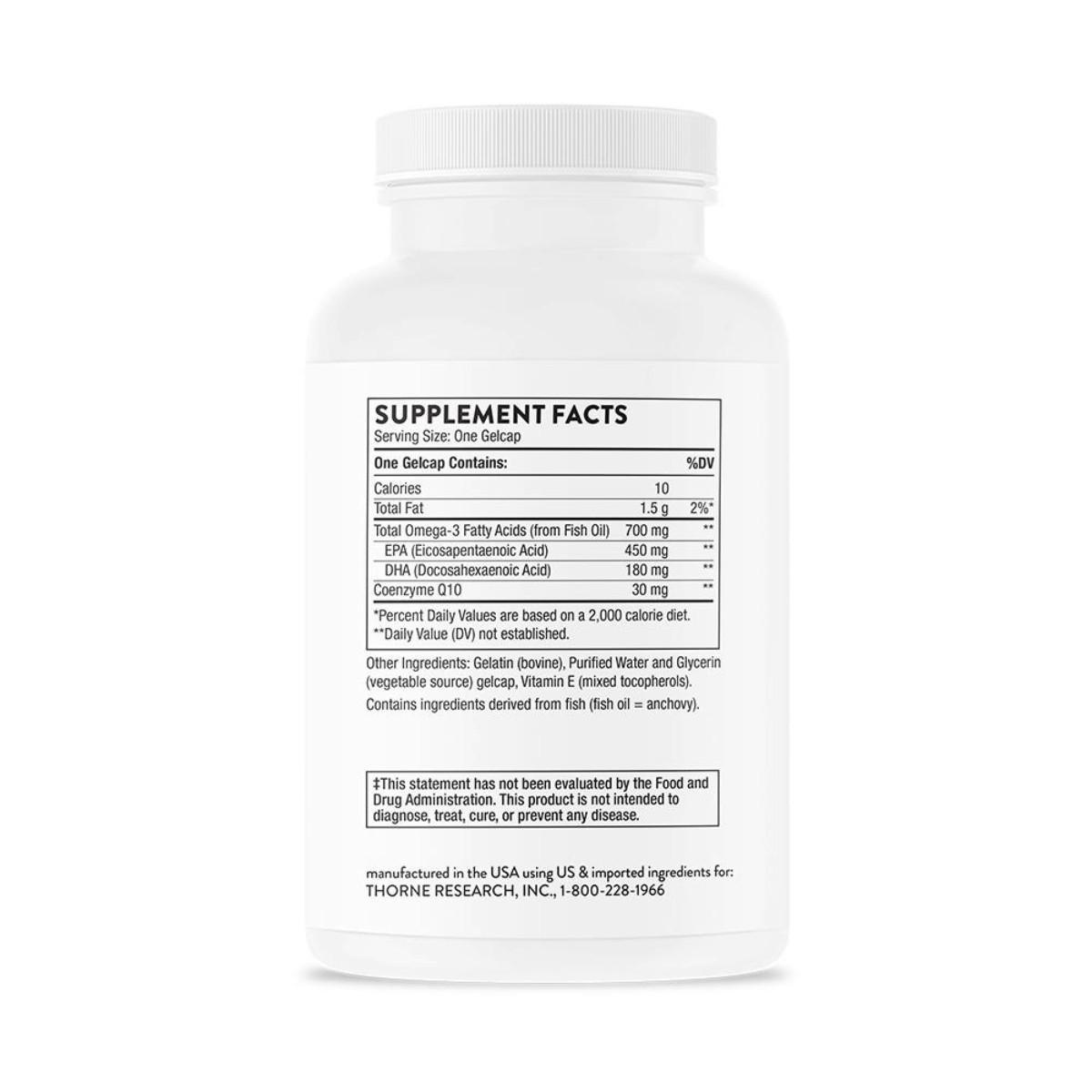 Supplement facts panel on the back of the Omega-3 with CoQ10 bottle