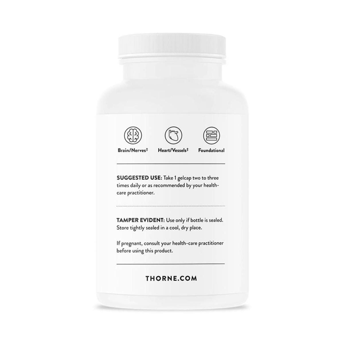 Suggested use and icons on the side of the Omega-3 with CoQ10 bottle