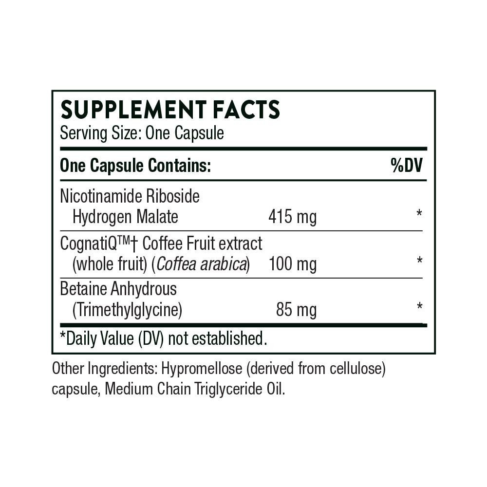 Brain Factors supplement facts, 415 mg nicotinamide riboside, 100 mg CognatiQ coffee fruit extract