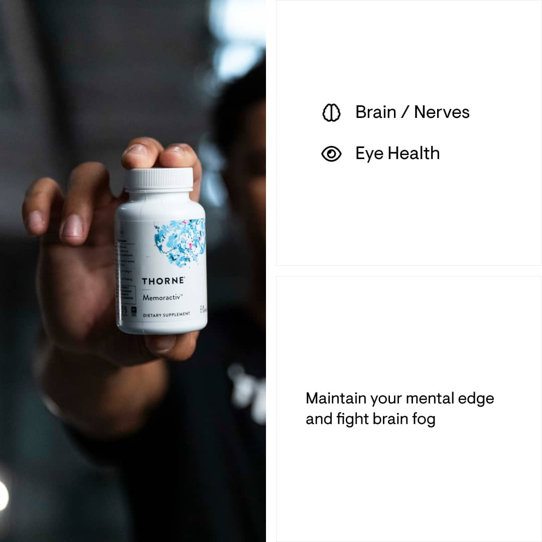 Hand holding Memoractiv bottle with brain and eye health icons