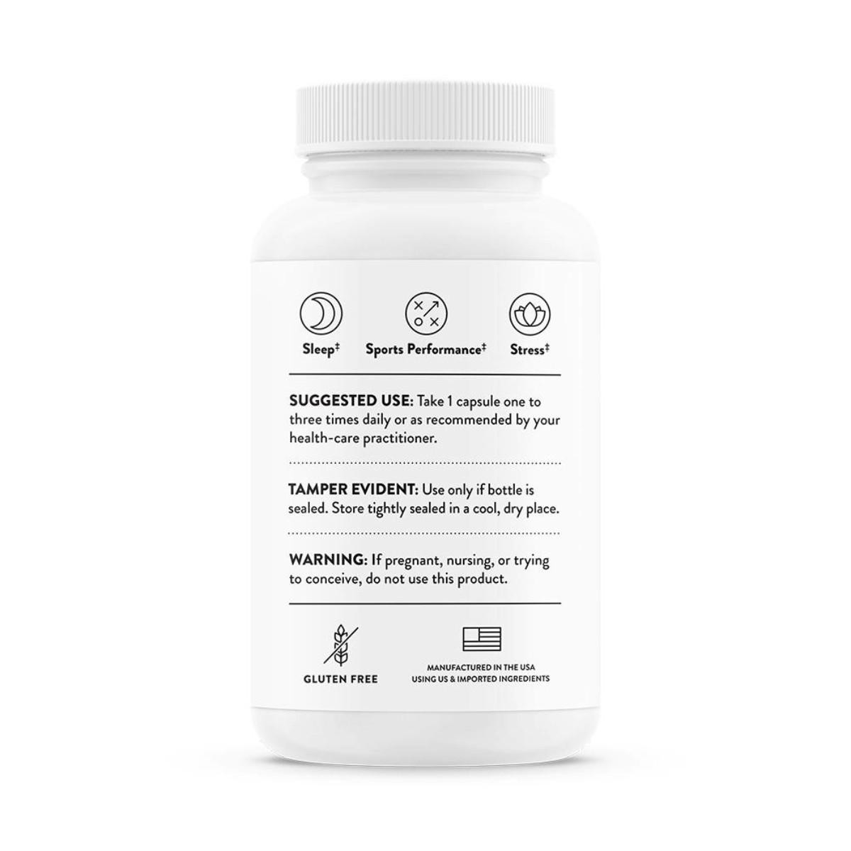 Side of Thorne PharmaGABA-250 bottle with suggested use and warnings