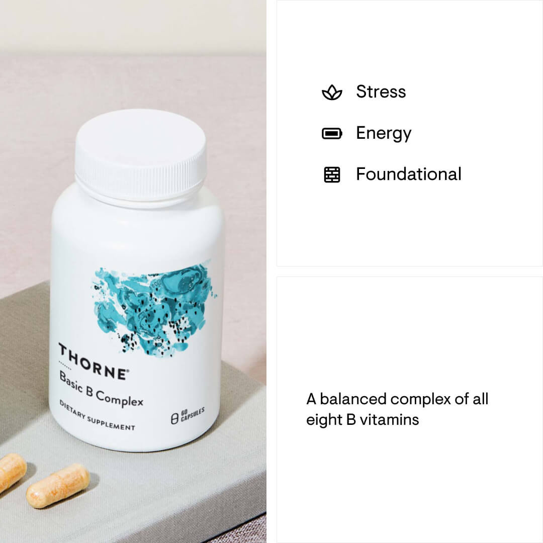 Basic B Complex bottle with capsules and focus area icons