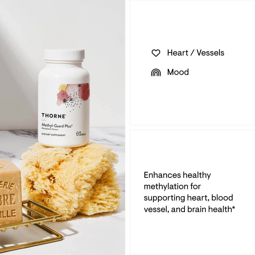 Methyl-Guard Plus bottle on a sponge beside heart and mood icons