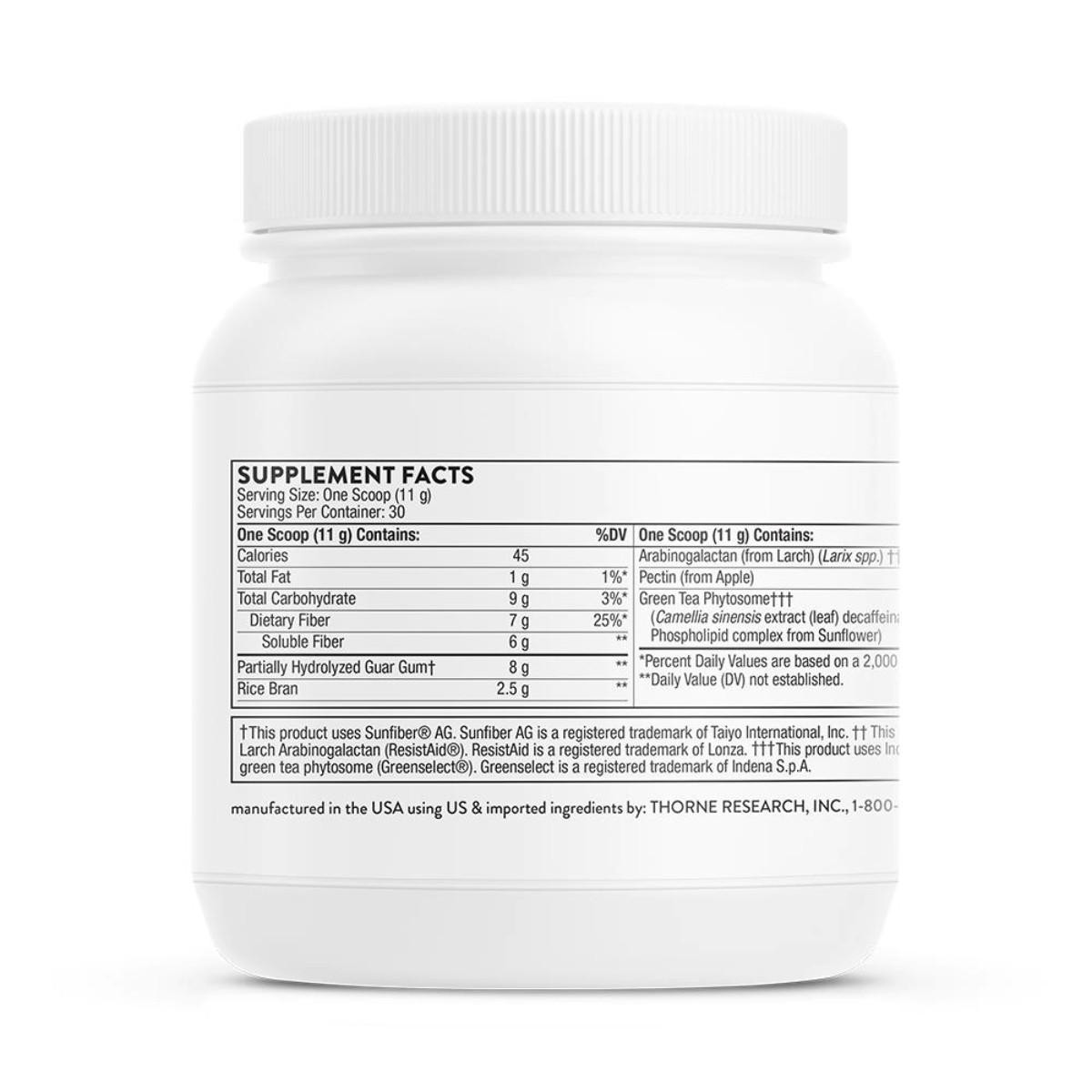 Thorne FiberMend canister with supplement facts panel