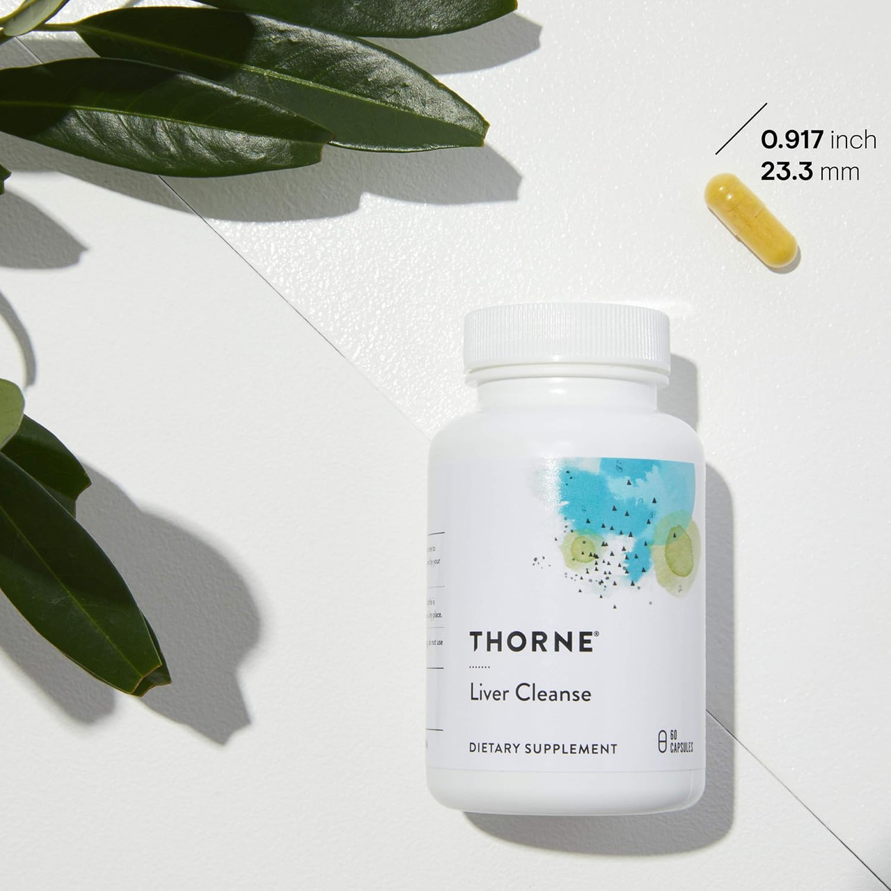 Thorne Liver Cleanse bottle with leaves and a capsule measuring 0.917 inches
