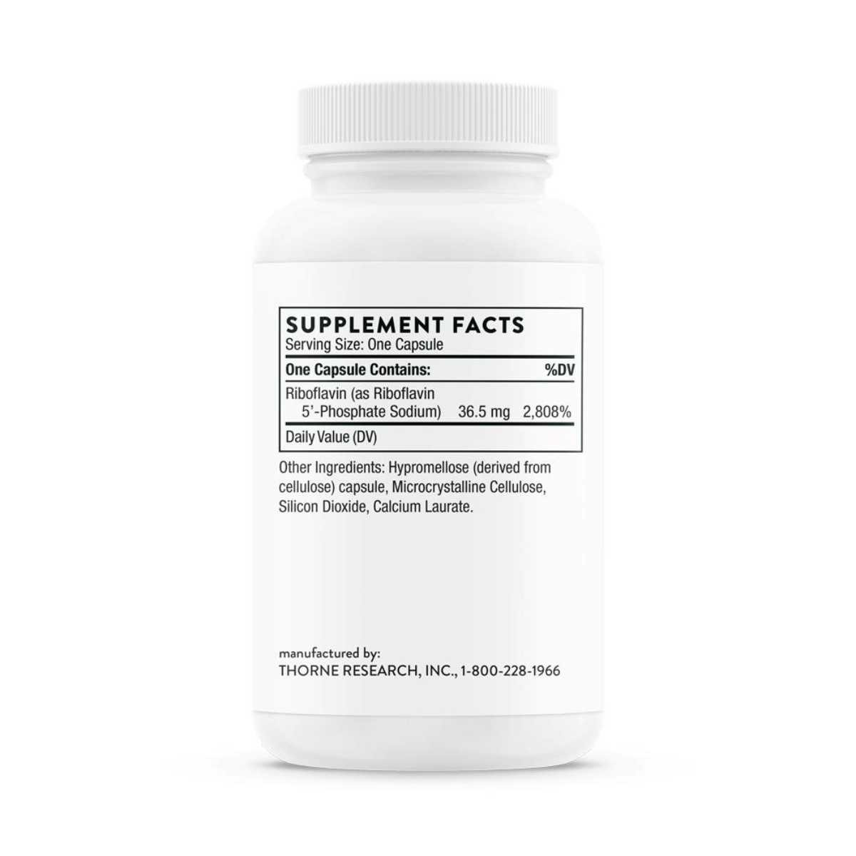 Back of Thorne Riboflavin 5'-Phosphate bottle with supplement facts label