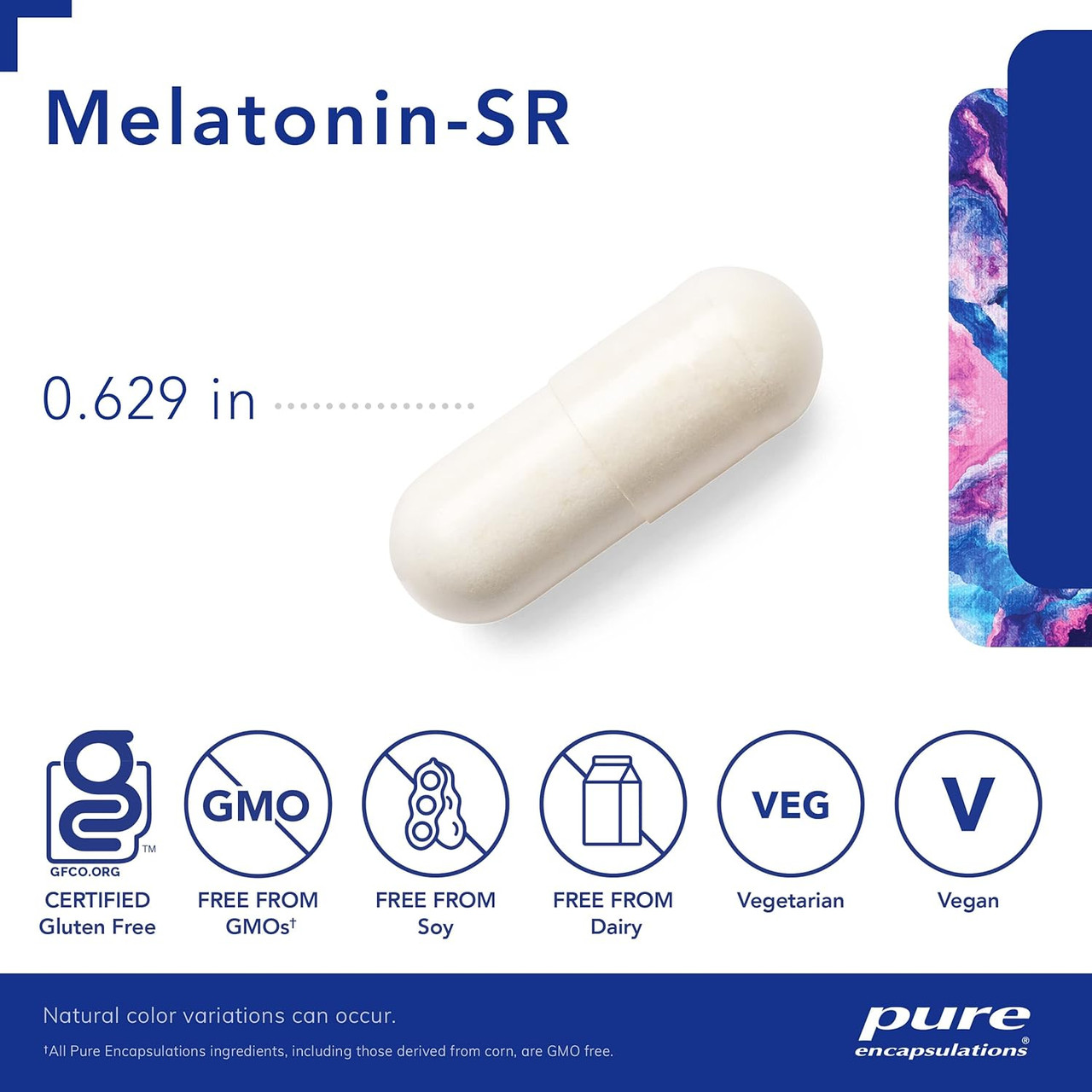 Melatonin-SR capsule size 0.629 in with free-from icons
