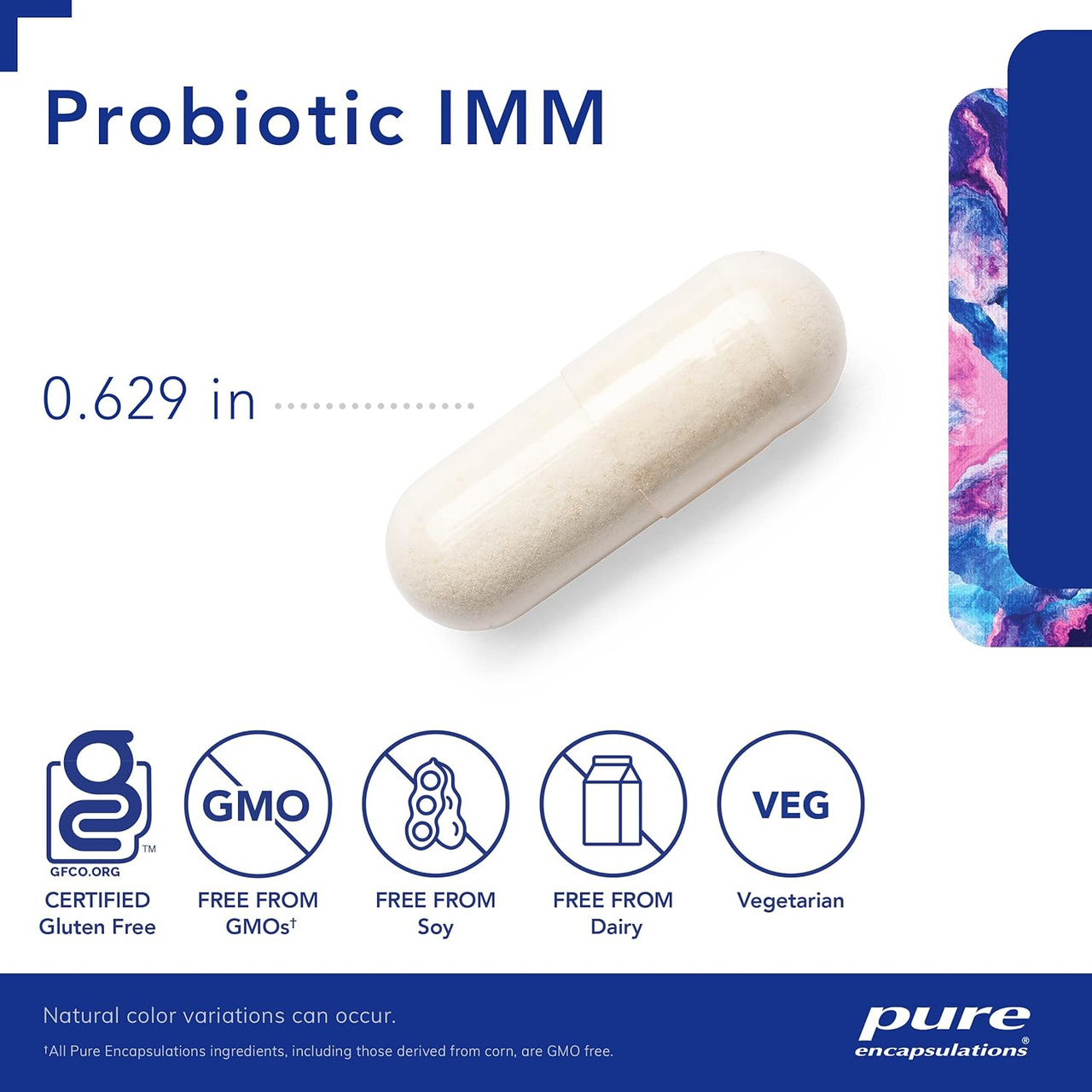 Probiotic IMM capsule measuring 0.629 inches with free-from and vegetarian icons