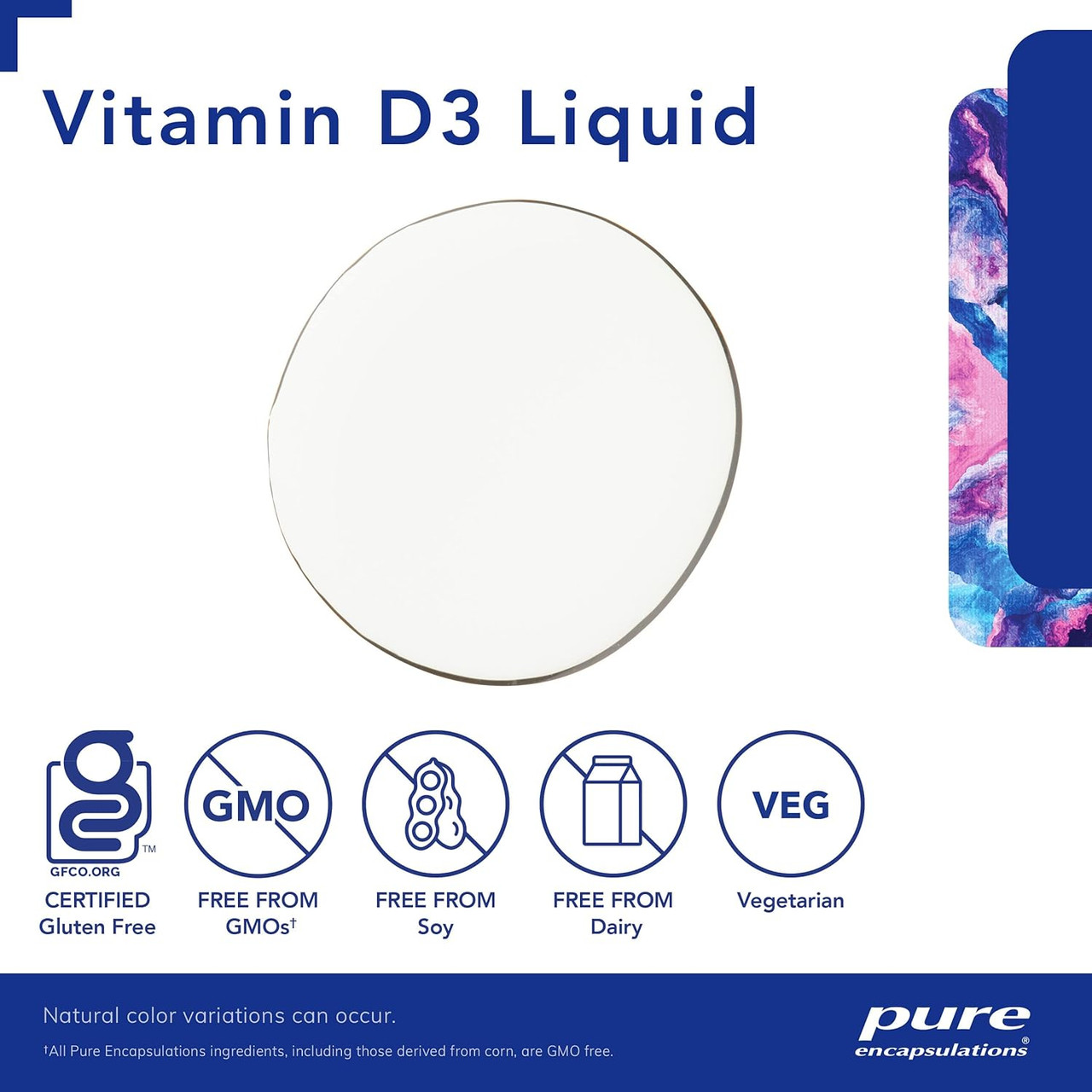 Vitamin D3 Liquid drop with gluten-free and non-GMO icons