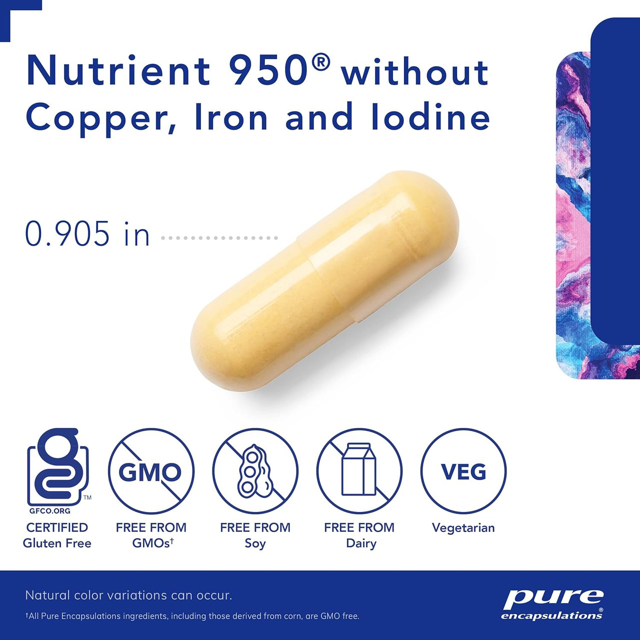 Nutrient 950 capsule beside size measurement with gluten-free, non-GMO, soy-free, dairy-free and vegetarian icons