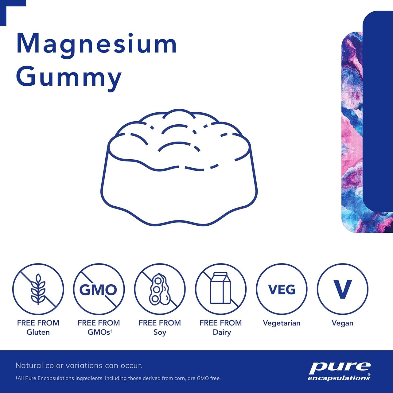Magnesium Gummy illustration with free-from and vegan icons