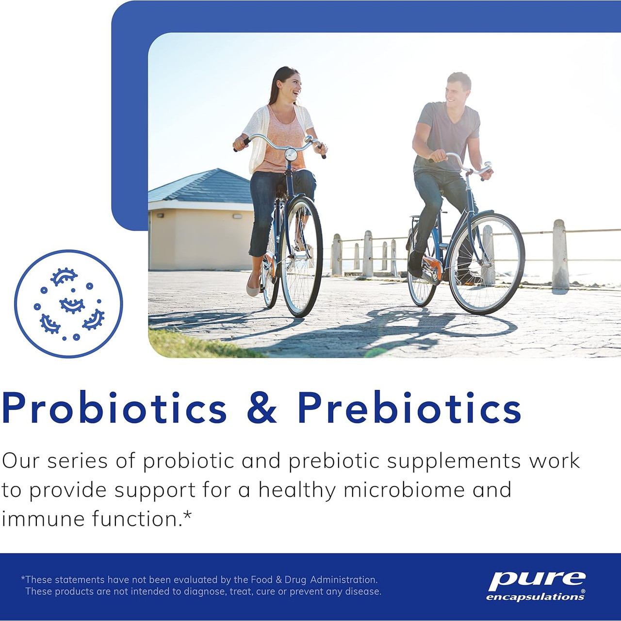 Couple riding bicycles by the sea with probiotics and prebiotics text