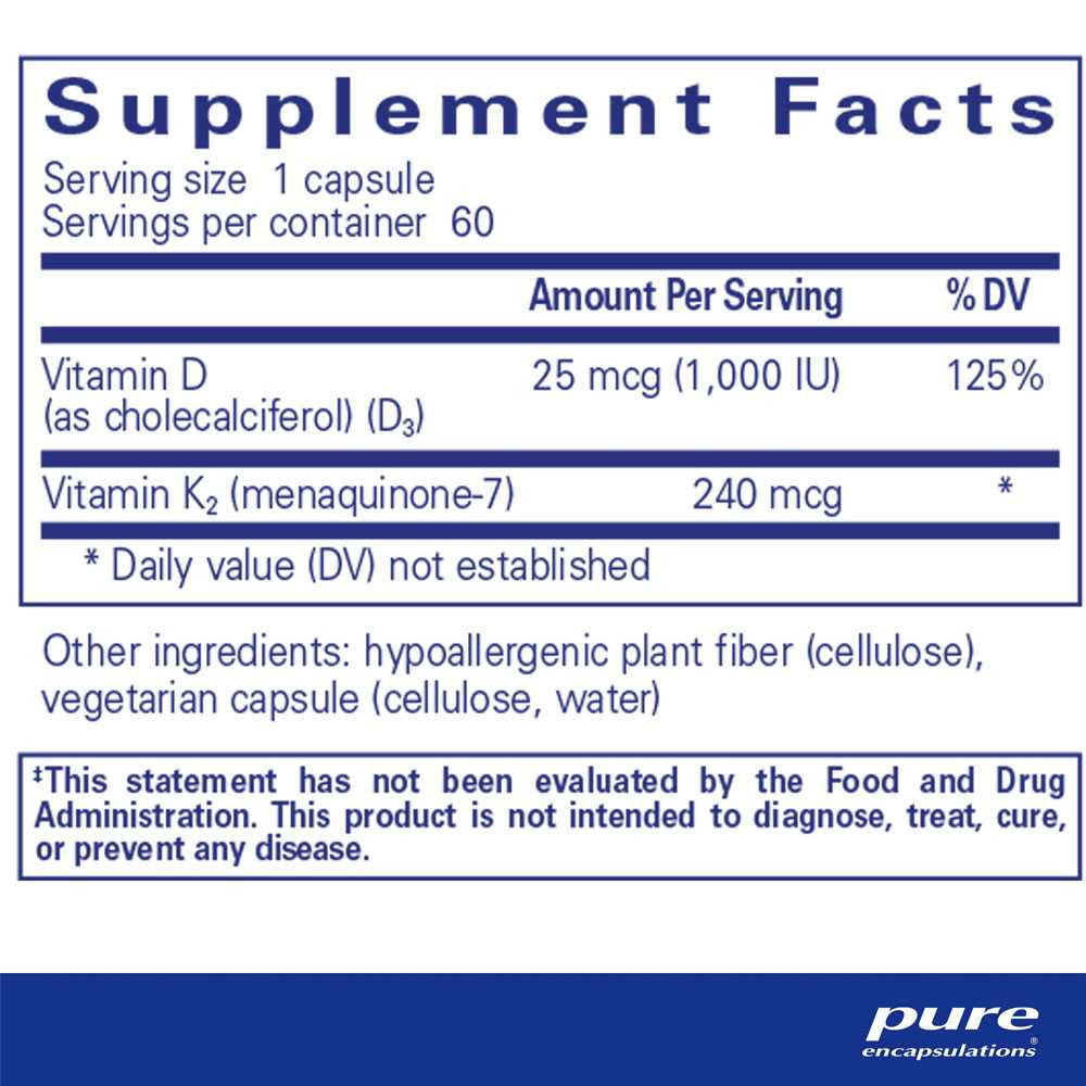 PureHeart K2D supplement facts with vitamin D3 and vitamin K2 per capsule