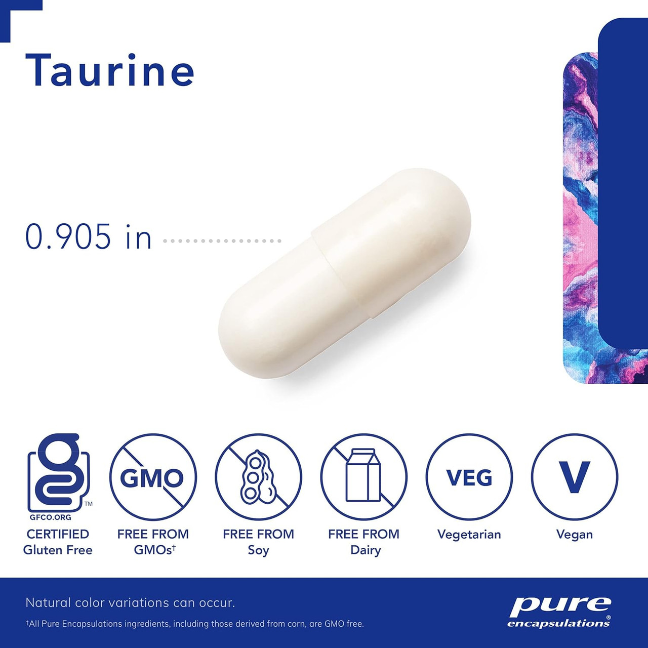 Taurine capsule with size marking and gluten-free, non-GMO and vegan icons