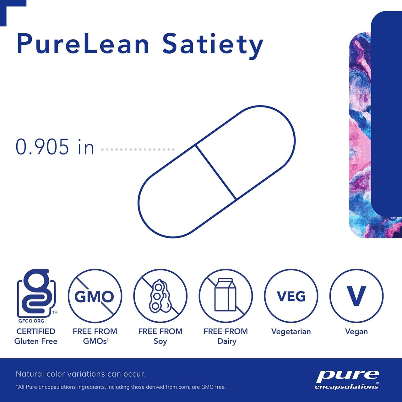 PureLean Satiety capsule beside 0.905 in size marker with free-from icons
