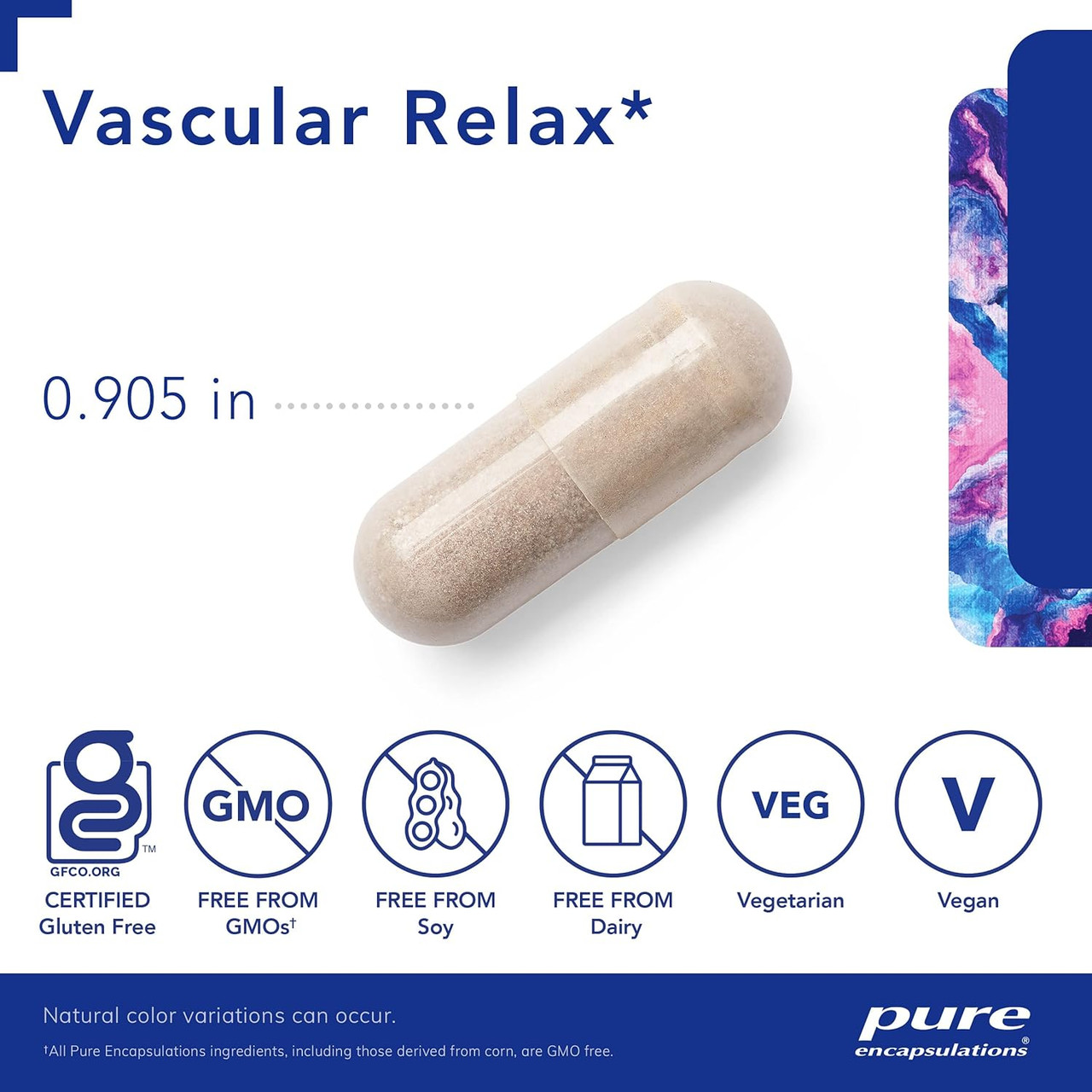 Vascular Relax capsule measuring 0.905 inches with non-GMO icons