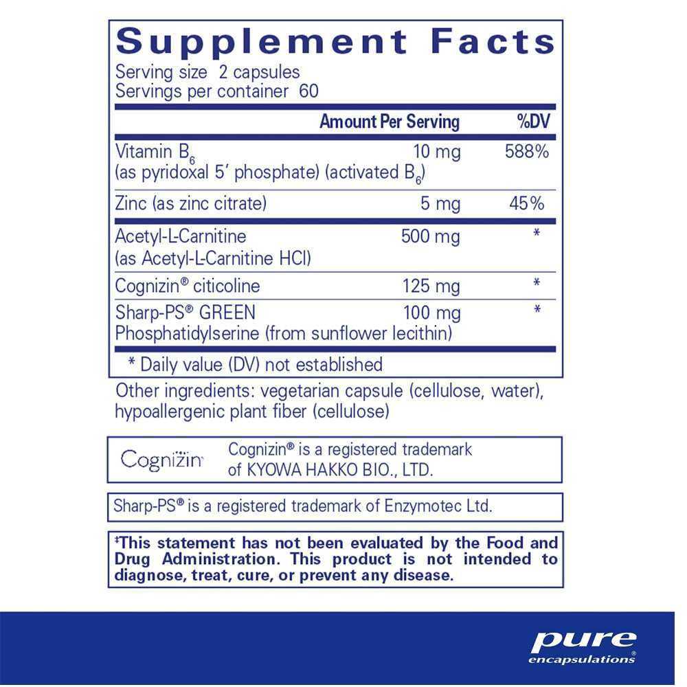 CogniPhos supplement facts with acetyl-L-carnitine, Cognizin citicoline and Sharp-PS GREEN