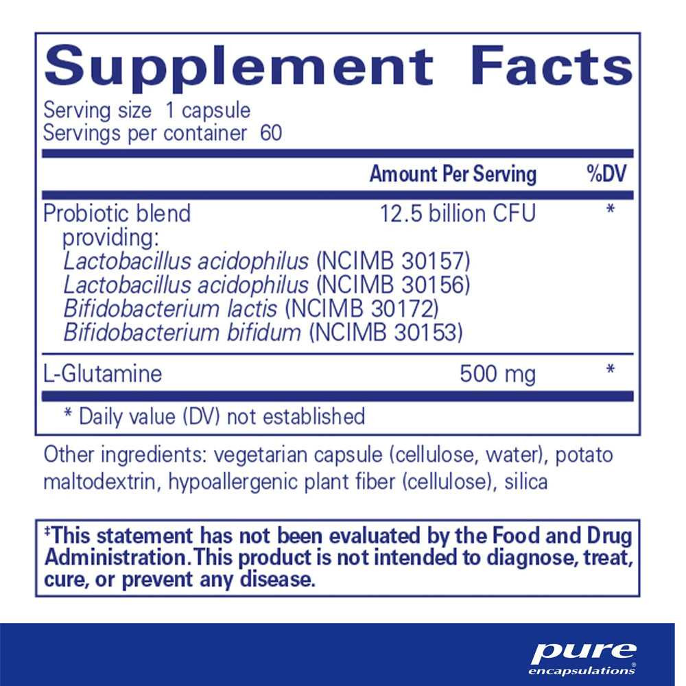 PureBi-Ome G.I. supplement facts, 12.5 billion CFU probiotic blend and 500 mg L-glutamine per capsule