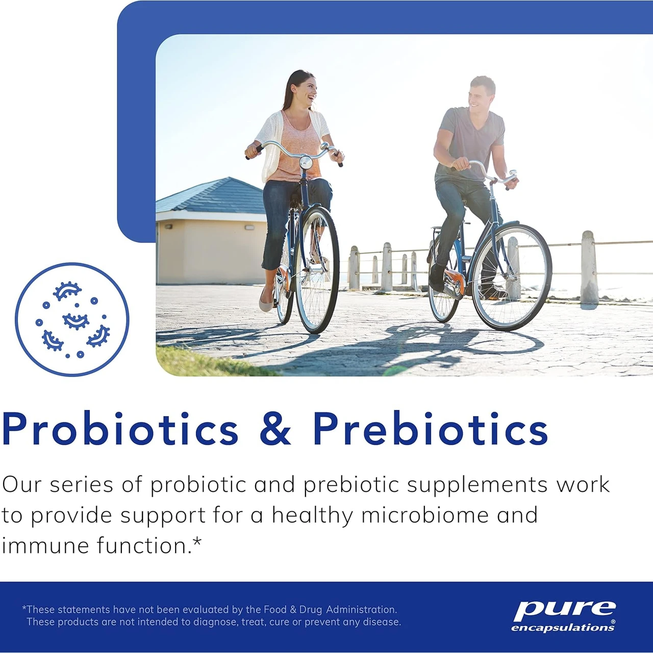 Couple riding bikes, Pure Encapsulations probiotics and prebiotics graphic
