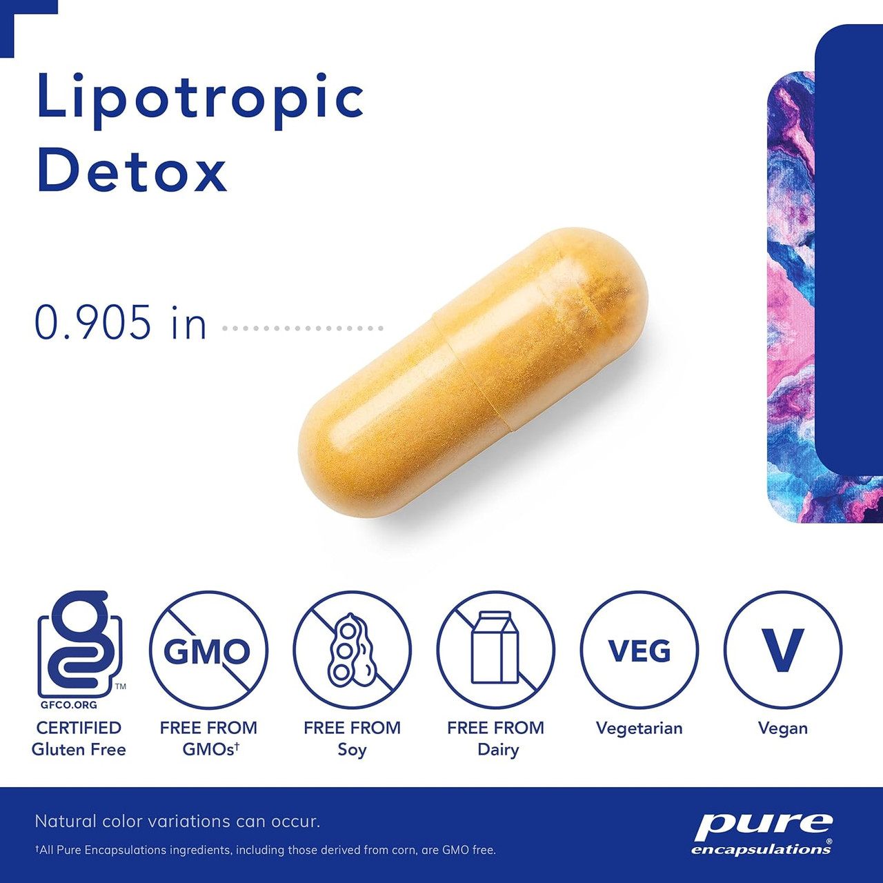 Lipotropic Detox capsule measuring 0.905 inches with free-from and vegan icons
