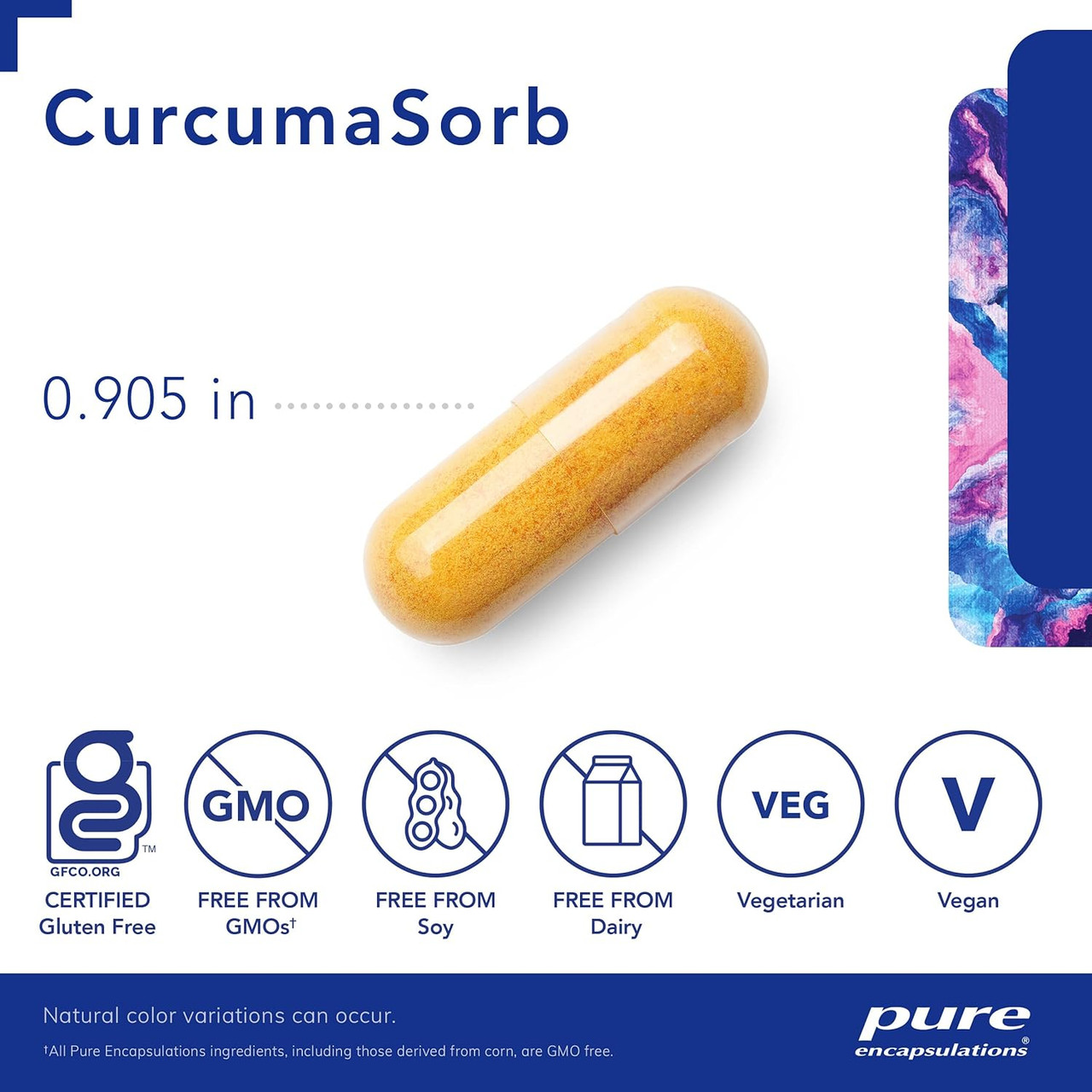 CurcumaSorb capsule with size marker and free-from icons