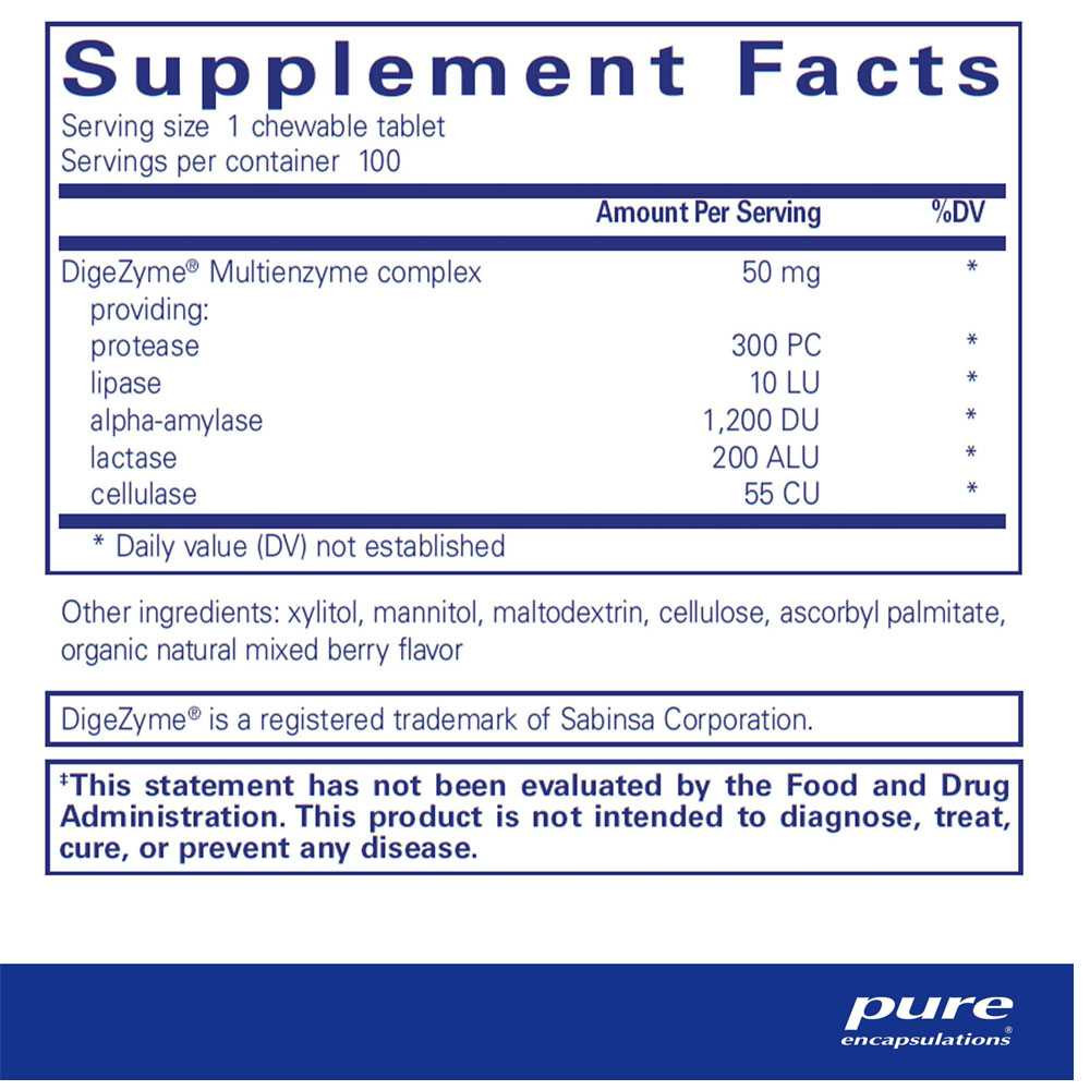 Pure Encapsulations Digestive Enzyme Chewables - 100 Chewable Tablets PURE24226 BeautifiedYou.com