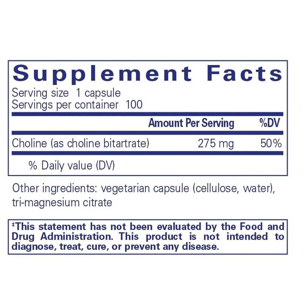 Choline supplement facts panel, 275 mg per capsule, 100 servings