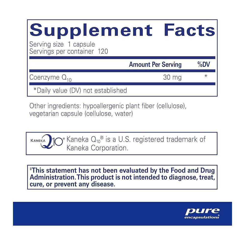 CoQ10 supplement facts, 30 mg Kaneka Q10 coenzyme Q10 per capsule, 120 servings