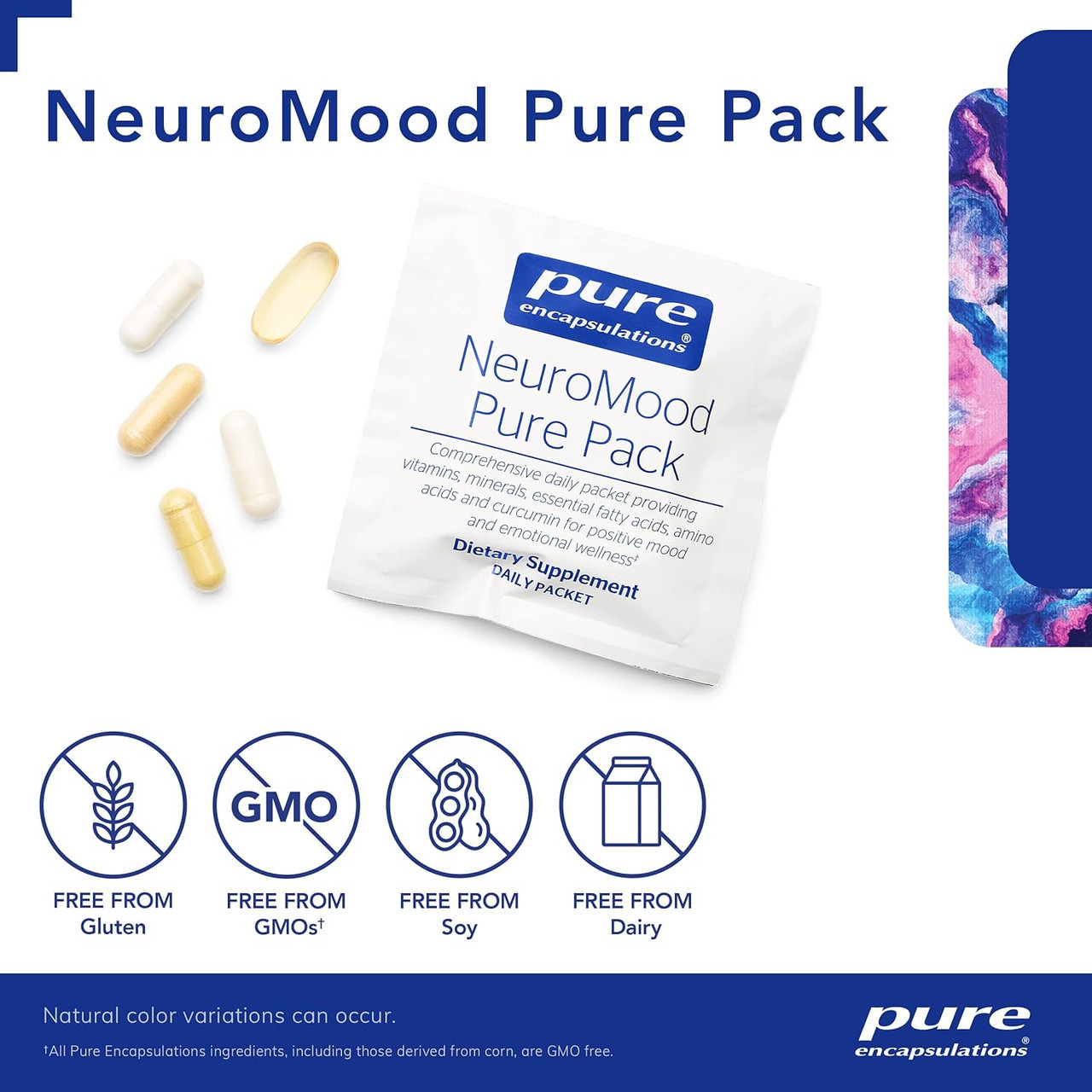 NeuroMood Pure Pack packet with capsules and softgels, gluten-free, non-GMO, soy-free and dairy-free icons