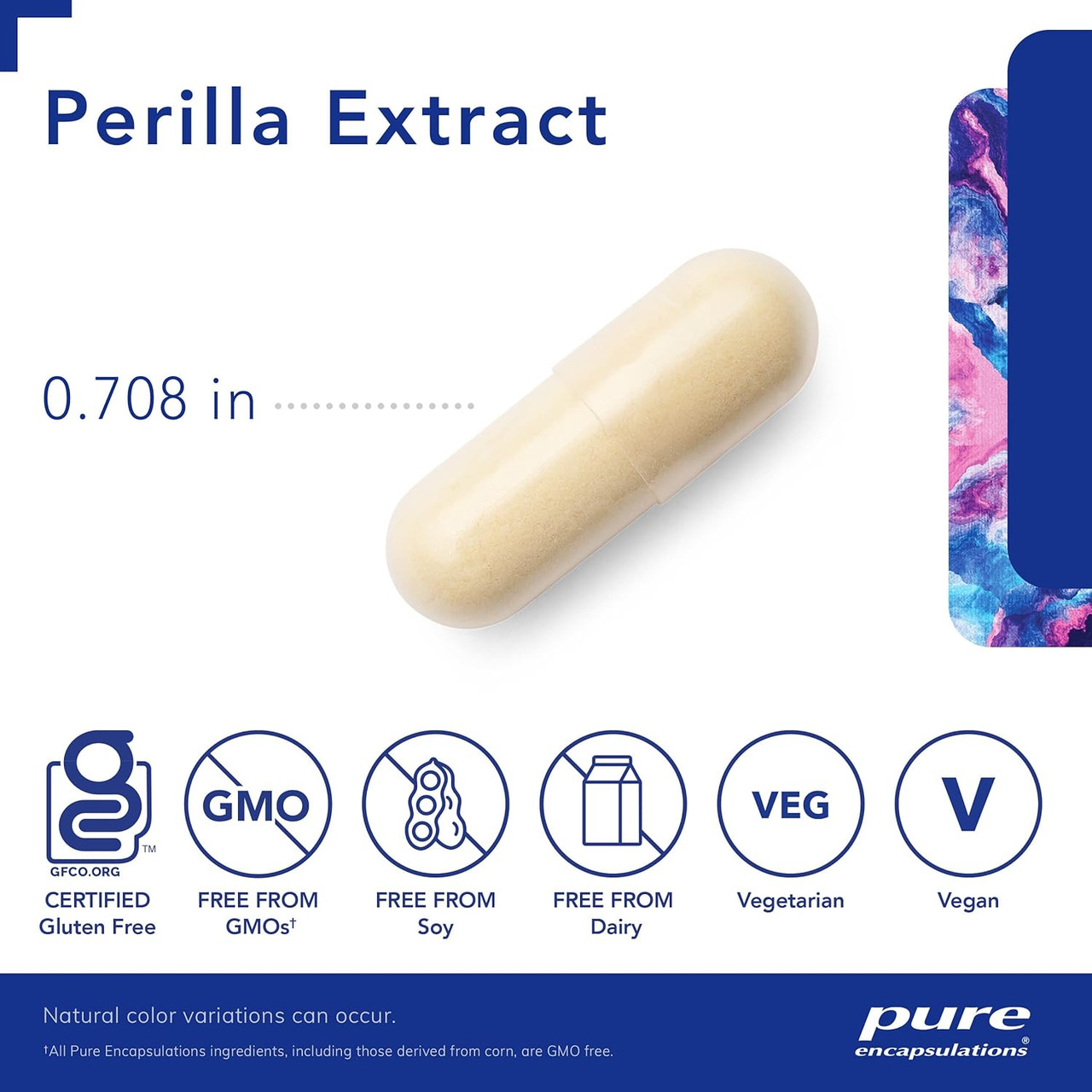 Perilla Extract capsule measuring 0.708 inches with vegan and non-GMO icons