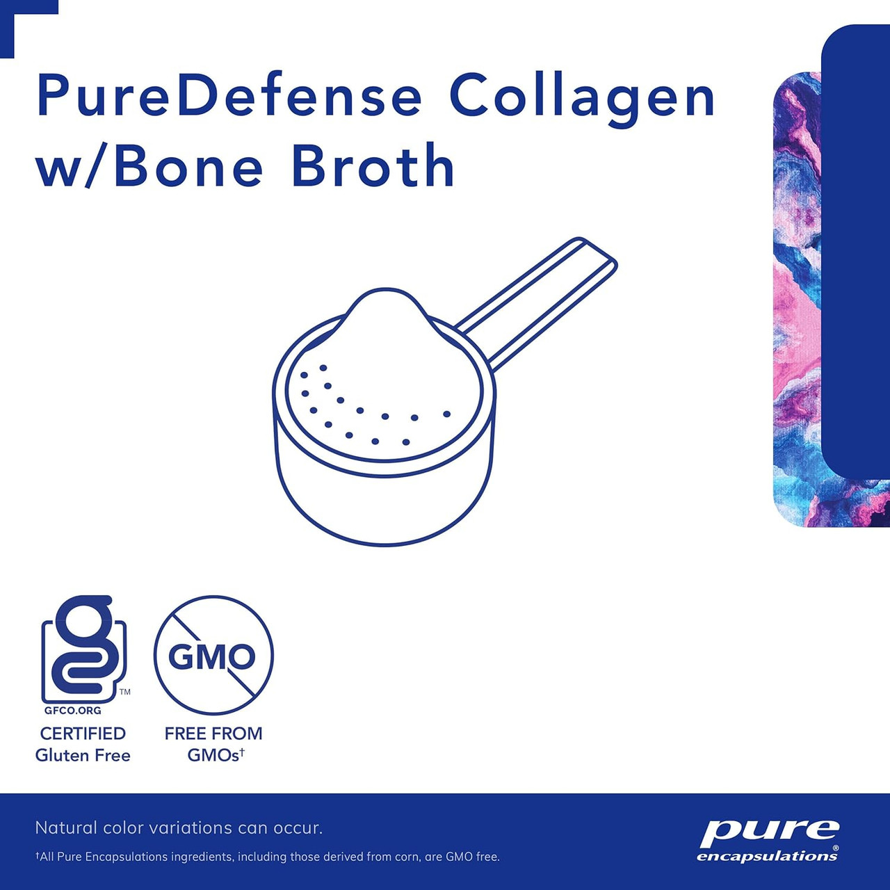 PureDefense Collagen powder scoop with gluten-free and non-GMO icons