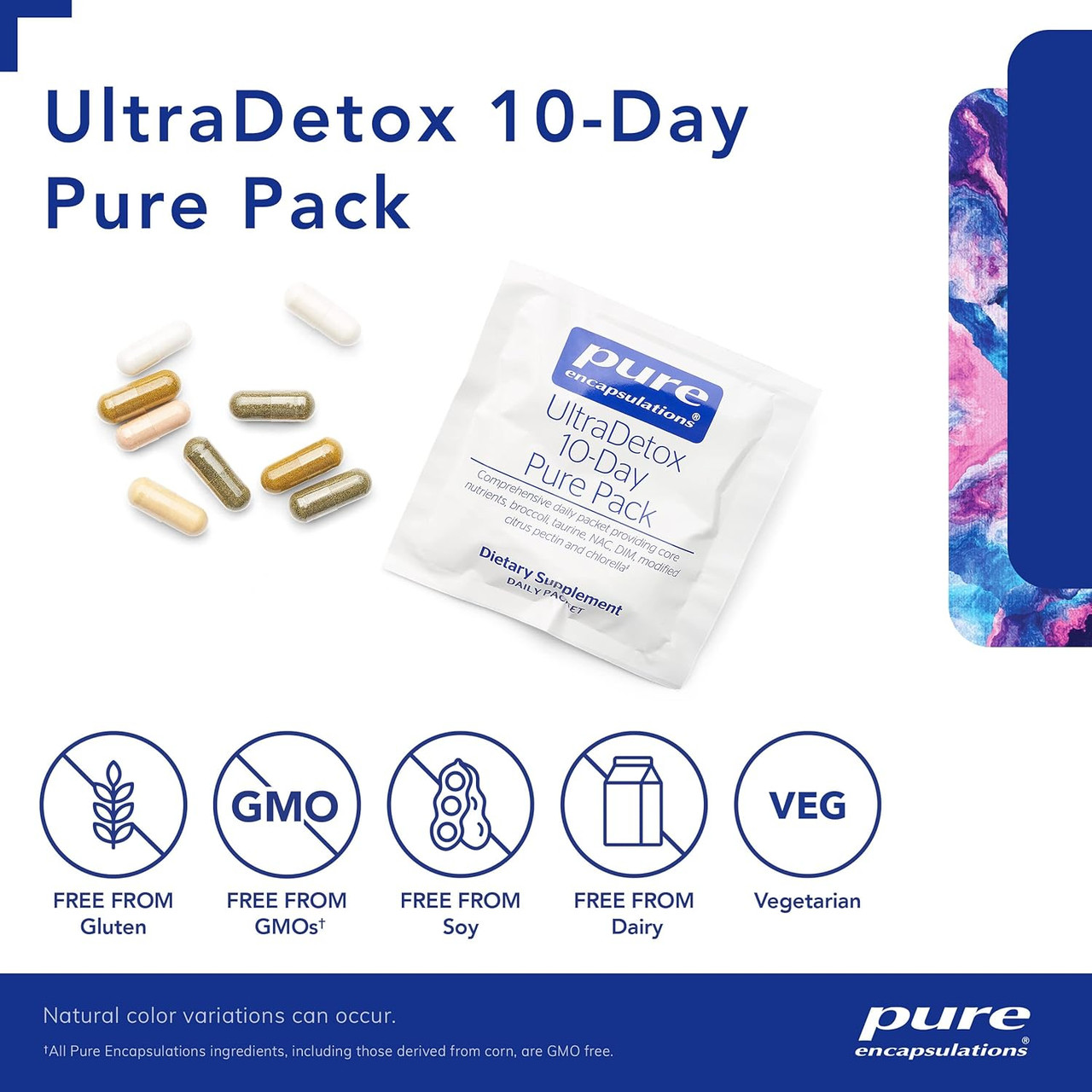 UltraDetox Pure Pack with capsules, tablets and dietary icons