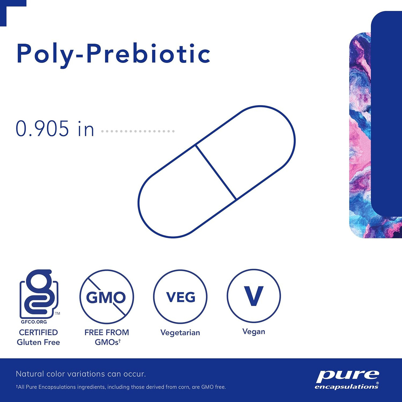 Poly-Prebiotic 0.905 inch capsule size graphic with gluten-free, GMO-free, vegetarian and vegan icons
