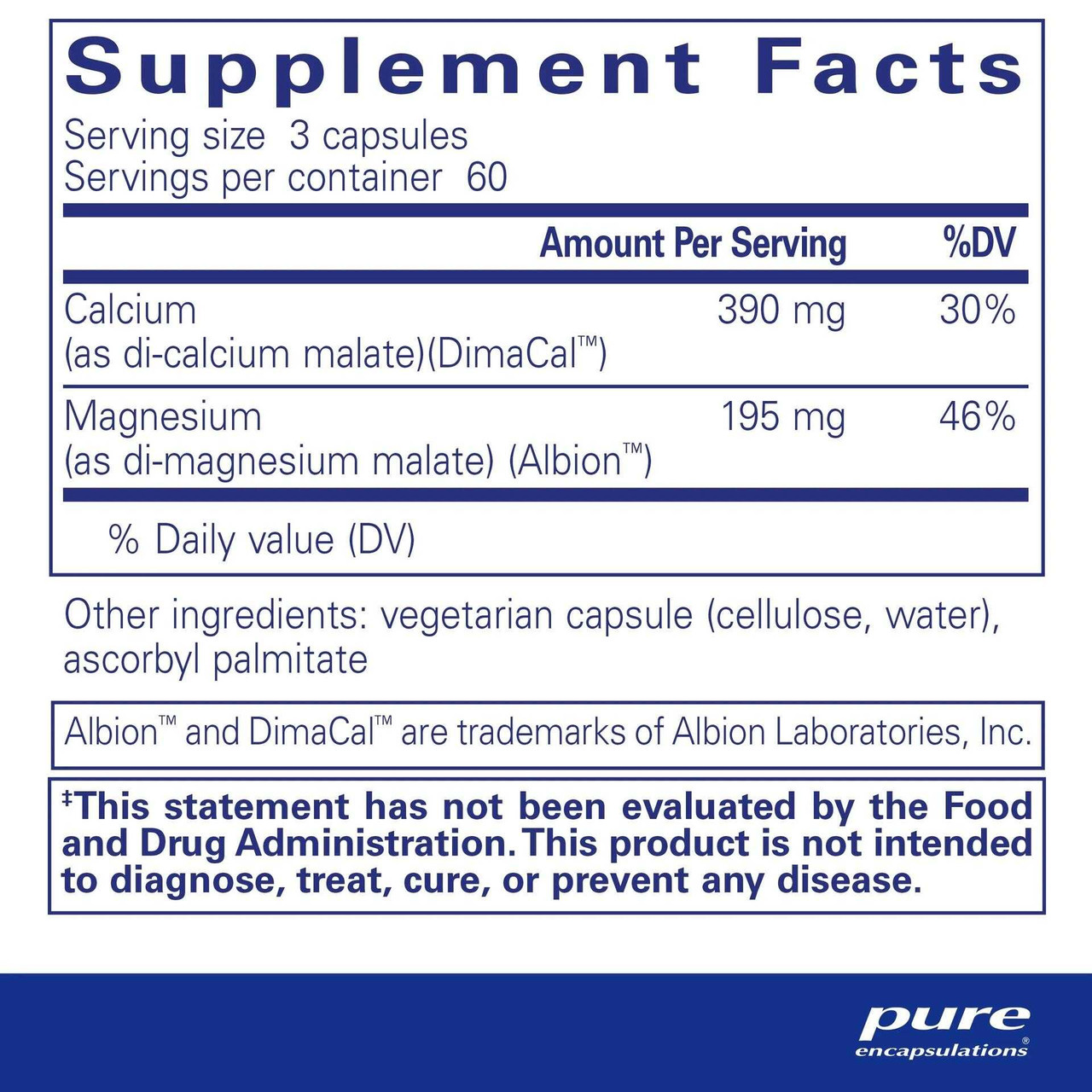 Cal/Mag (Malate) 2:1 supplement facts panel, 3 capsule serving