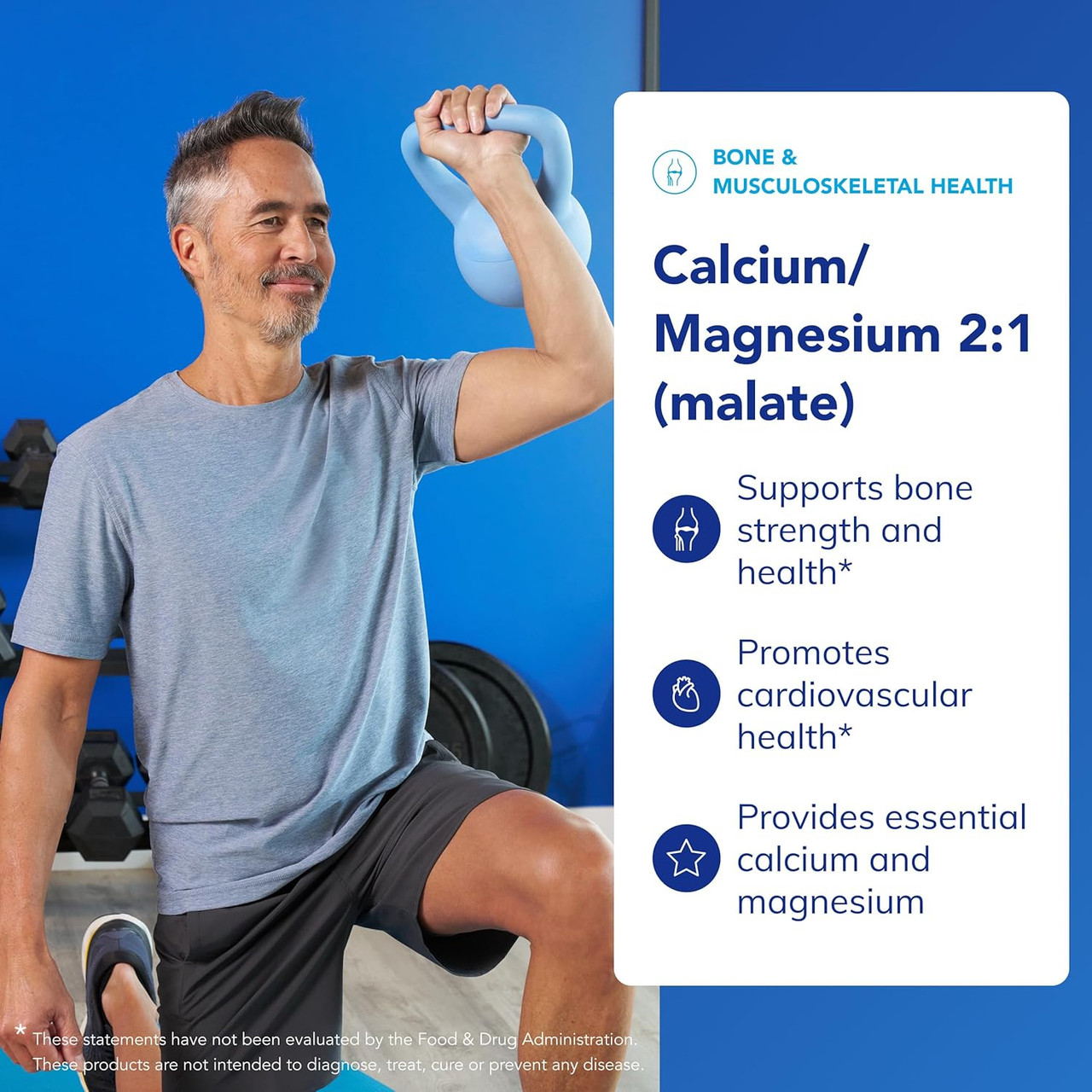 Man exercising with a kettlebell, Calcium/Magnesium 2:1 (malate) benefits graphic