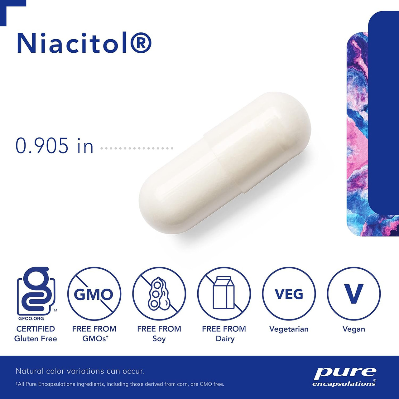 Niacitol capsule measuring 0.905 inches with free-from and vegan icons