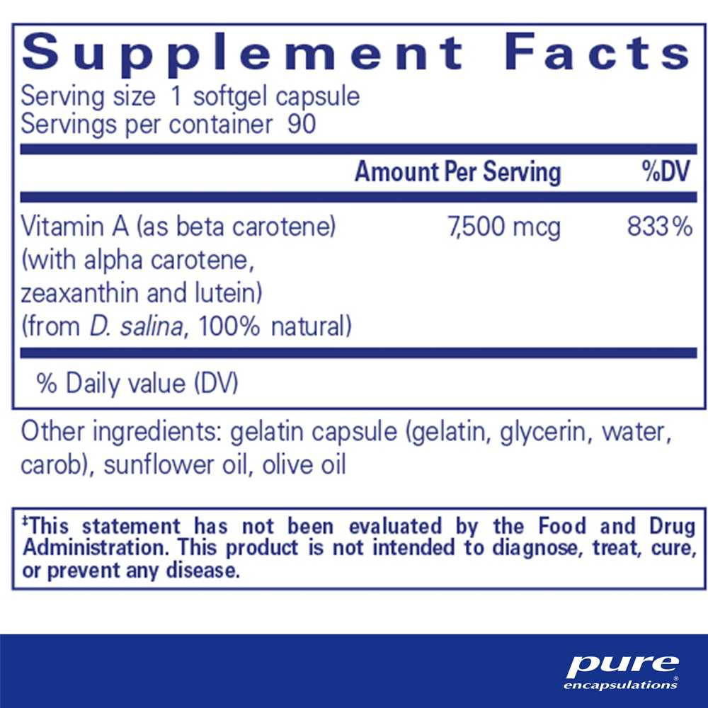 Supplement facts panel for Beta Carotene
