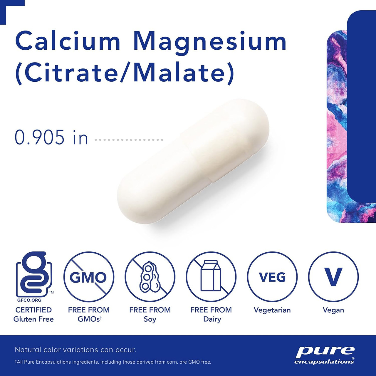 Calcium Magnesium capsule size 0.905 in with free-from icons